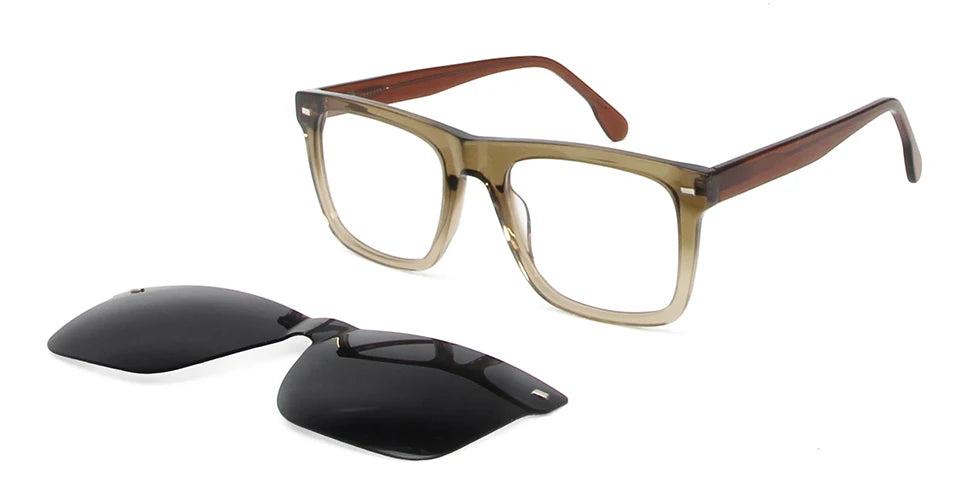 Esnbie Men's Full Rim Square Acetate Eyeglasses Clip On Sunglasses 423291