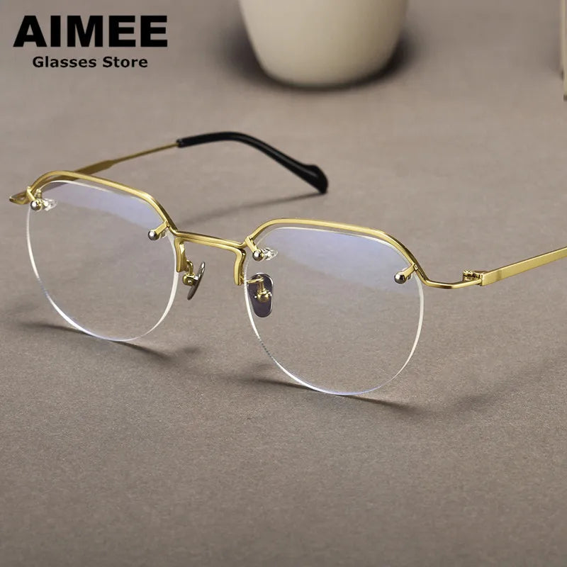 Aimee Unisex Semi Rim Oval Titanium Eyeglasses 10587 Semi Rim Aimee Golden