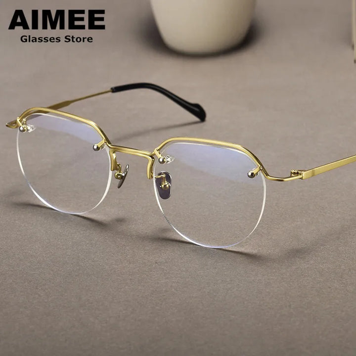 Aimee Unisex Semi Rim Oval Titanium Eyeglasses 10587 Semi Rim Aimee Golden