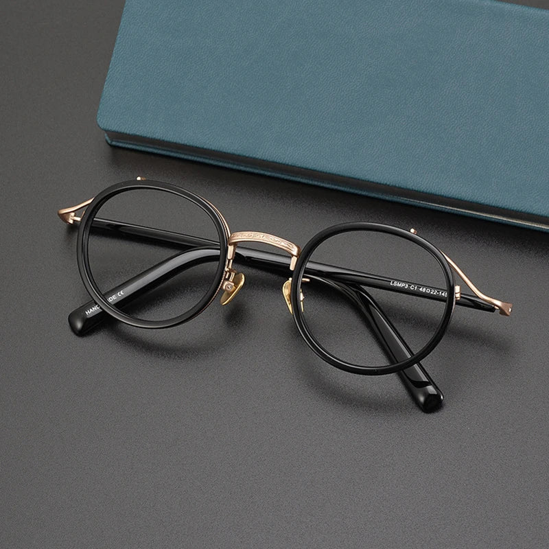 Black Mask Unisex Full Rim Big Round Titanium Acetate Eyeglasses 982027