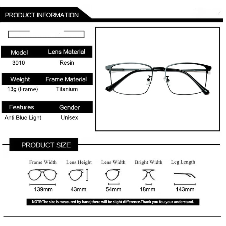 Kocolior Unisex Full Rim Big Square Titanium Eyeglasses 3010 Full Rim Kocolior