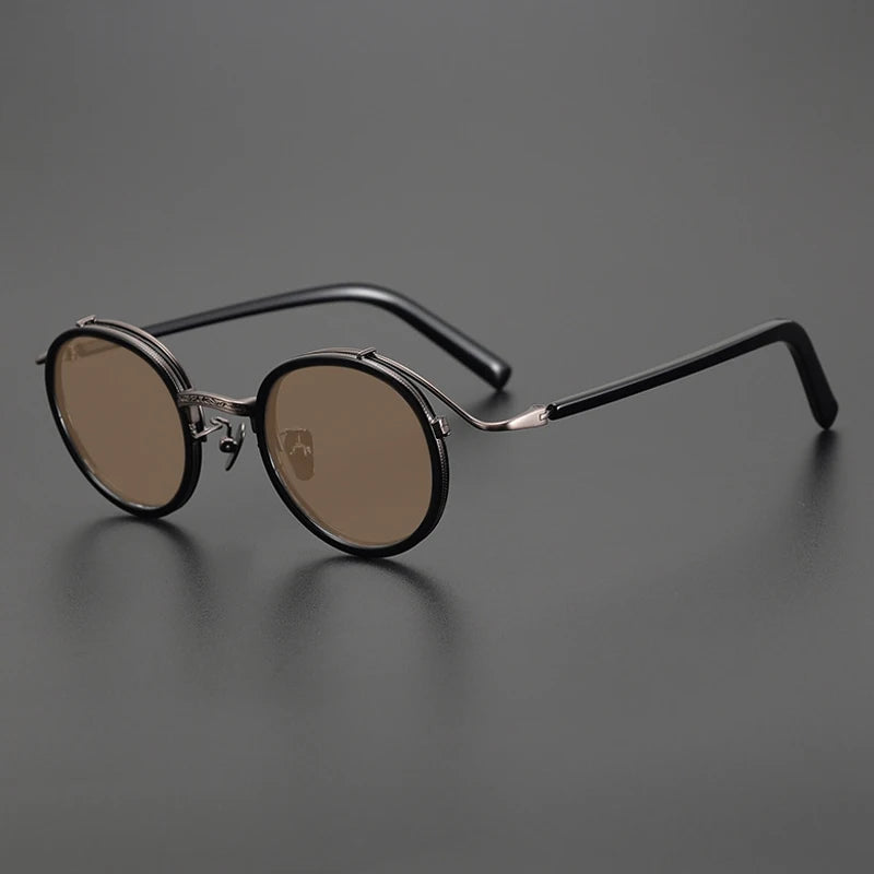 Gatenac Unisex Full Rim Round Polarized Acetate Titanium Sunglasses Mo12 Sunglasses Gatenac Black Brown