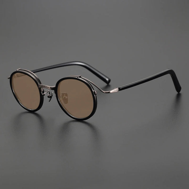 Gatenac Unisex Full Rim Round Polarized Acetate Titanium Sunglasses Mo12 Sunglasses Gatenac Black Brown