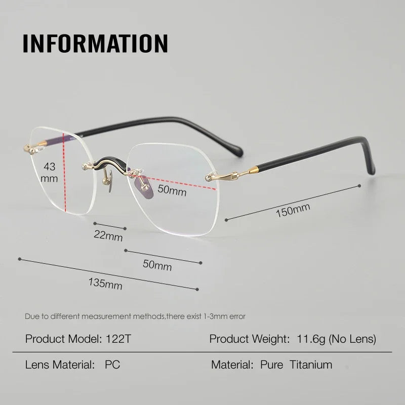 Muzz Women's Rimless Flat Top Polygon Titanium Eyeglasses 817122