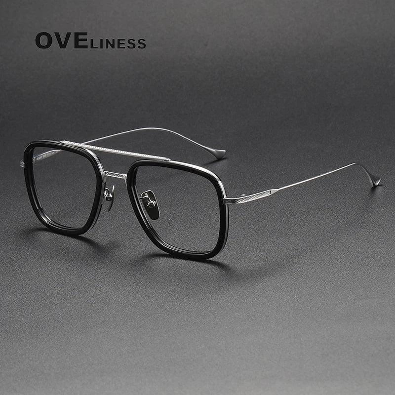 Oveliness Unisex Full Rim Square Double Bridge Acetate Titanium Eyeglasses I0006 Full Rim Oveliness black silver