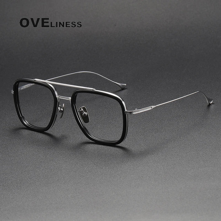 Oveliness Unisex Full Rim Square Double Bridge Acetate Titanium Eyeglasses I0006 Full Rim Oveliness black silver