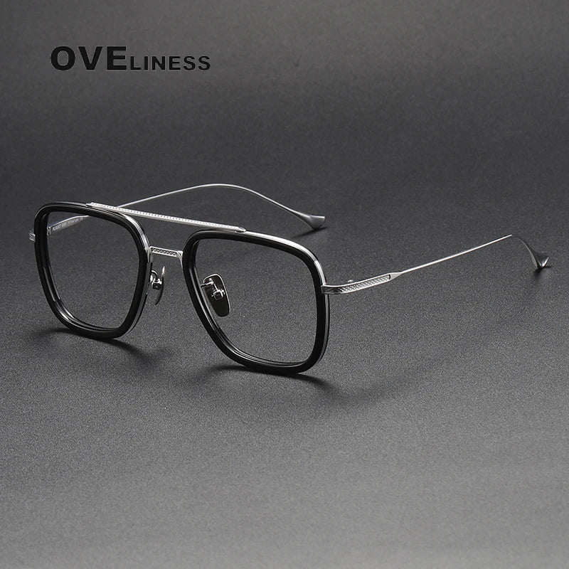 Oveliness Unisex Full Rim Square Double Bridge Acetate Titanium Eyeglasses I0006 Full Rim Oveliness black silver  
