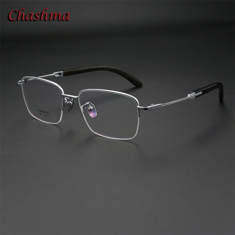 Chashma Ochki Unisex Semi Rim Square Titanium Horn Eyeglasses 312326