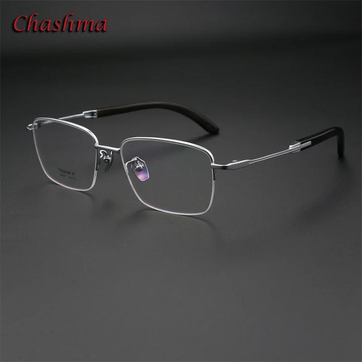 Chashma Ochki Unisex Semi Rim Square Titanium Horn Eyeglasses 312326