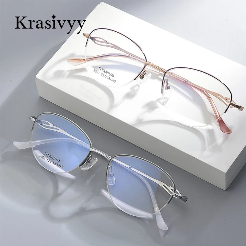 Krasivyy Women's Semi Rim Oval Cat Eye Titanium Eyeglasses 443001 Semi Rim Krasivyy