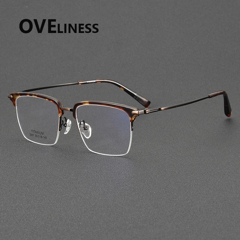 Oveliness Men's Semi Rim Square Acetate Titanium Eyeglasses 852001 Semi Rim Oveliness tortoise bronze