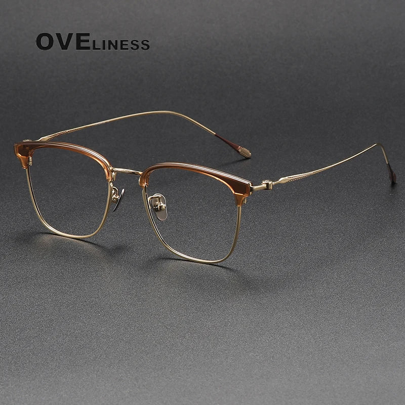 Oveliness Unisex Full Rim Square Acetate Titanium Eyeglasses 80897 Full Rim Oveliness tea gold  