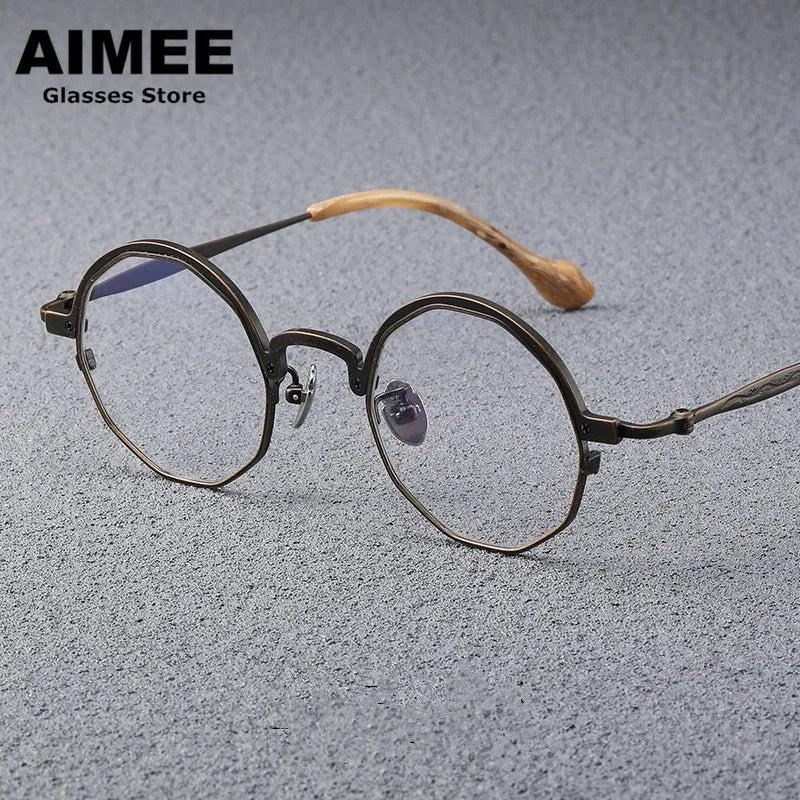 Aimee Unisex Full Rim Polygon Round Titanium Eyeglasses 946067 Semi Rim Aimee Brown-Golden