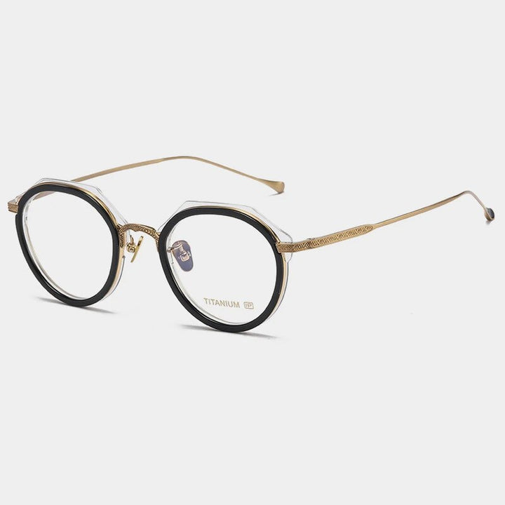 Gatenac Unisex Full Rim Flat Top Round Titanium Acetate Eyeglasses Gxyj1140 Full Rim Gatenac Gold Transparent