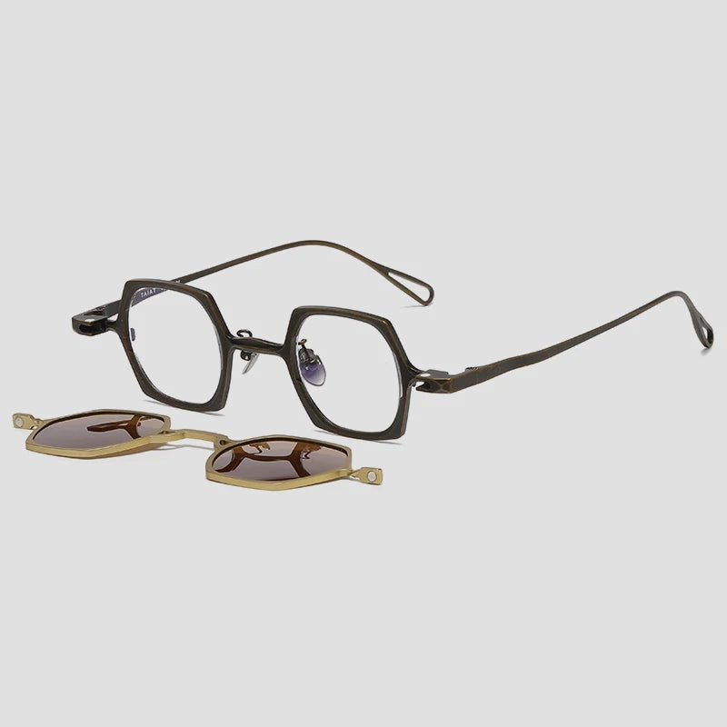 Gatenac Unisex Full Rim Polygon Titanium Eyeglasses Clip On Sunglasses 1511 Clip On Sunglasses Gatenac Bronze Brown Clip