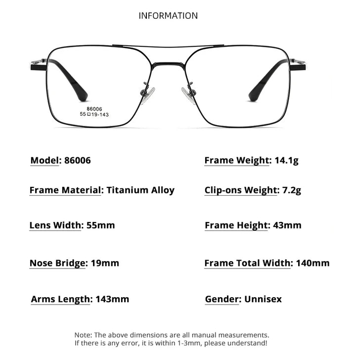 Gmei Men's Full Rim Square Double Bridge Alloy Eyeglasses Clip On Polarized Sunglasses 8606 With Clip Ons Gmei Optical