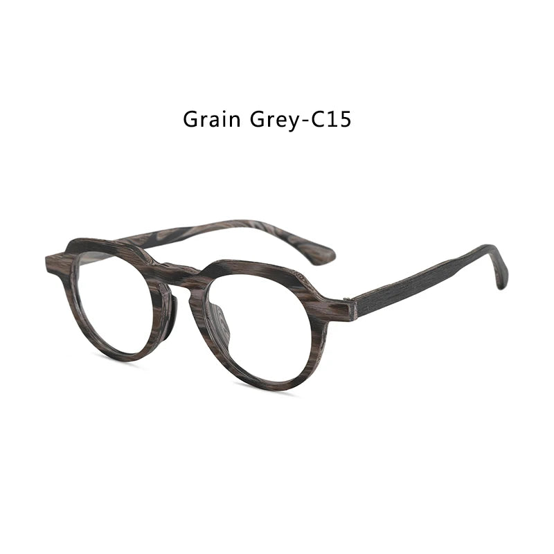 Hdcrafter Unisex Full Rim Flat Top Round Wood Eyeglasses 2310 Full Rim Hdcrafter Eyeglasses Grain-Grey-C15