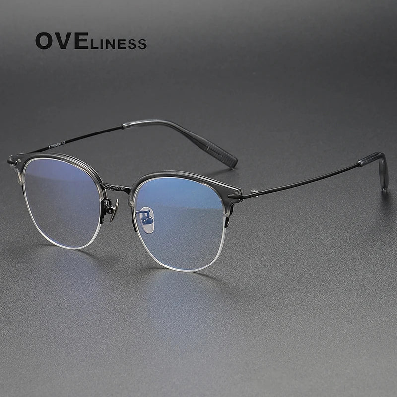 Oveliness Unisex Semi Rim Square Oval Acetate Titanium Eyeglasses 8098 Semi Rim Oveliness grey black