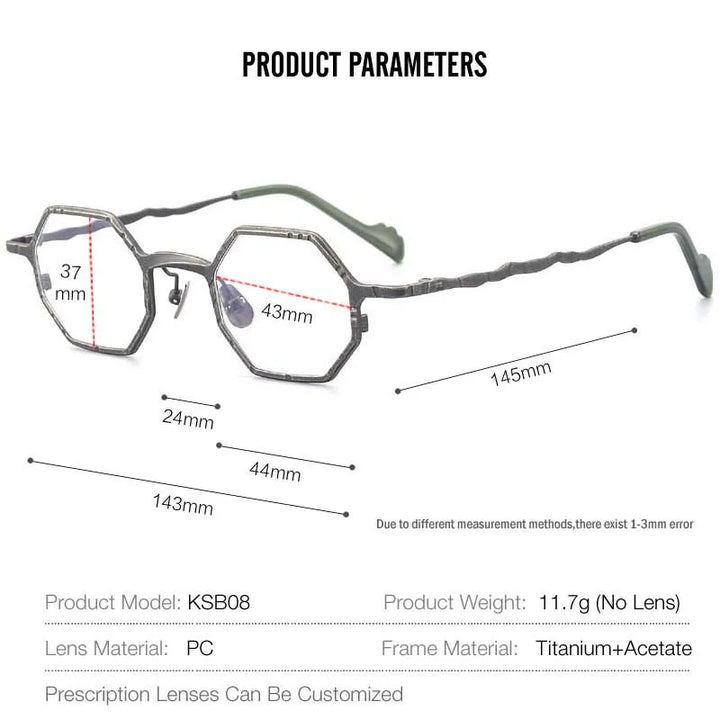 Muzz Unisex Full Rim Small Flat Top Polygon Titanium Eyeglasses 44208 Full Rim Muzz