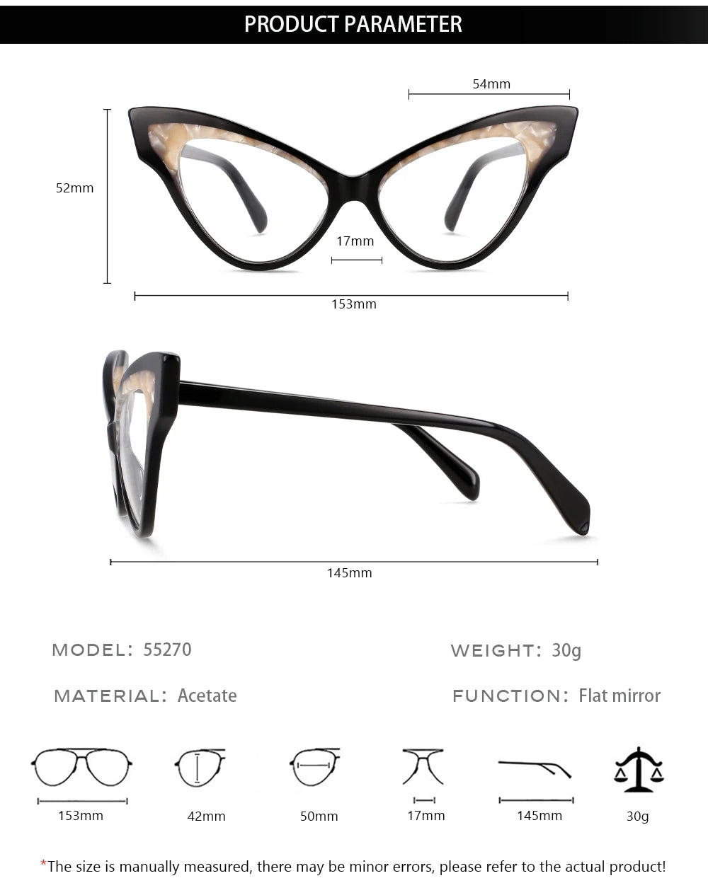 CCspace Unisex Full Rim Oversized Cat Eye Acetate Eyeglasses 55270 Full Rim CCspace