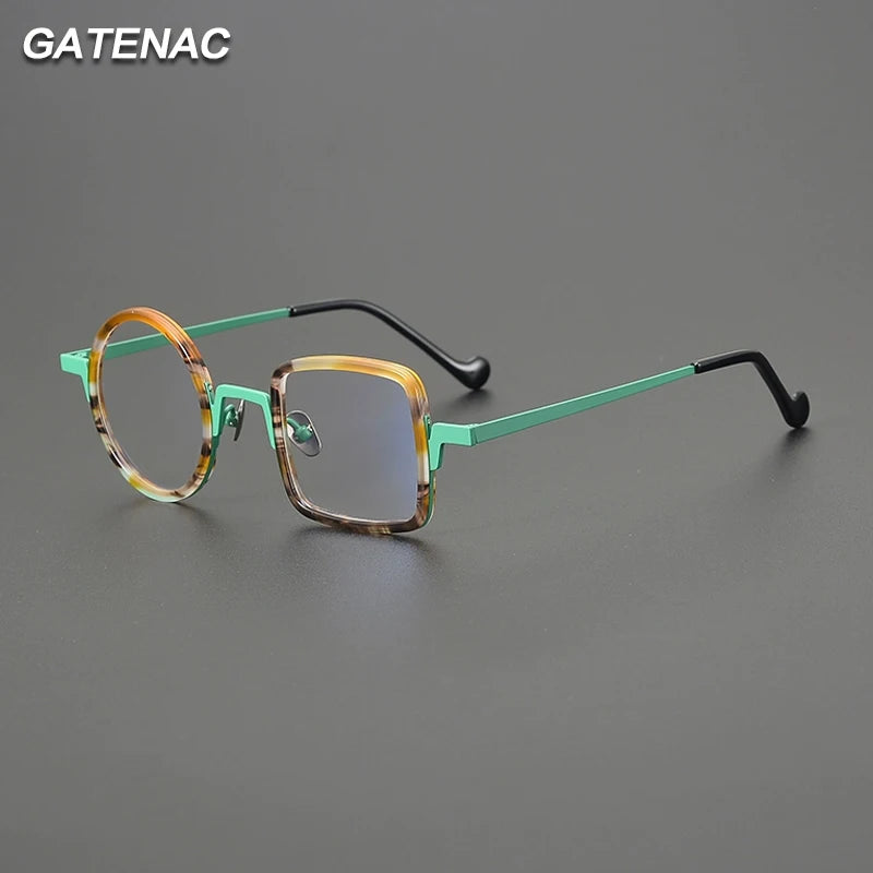 Gatenac Unisex Full Rim Round Square Titanium Acetate Eyeglasses G1528 Full Rim Gatenac
