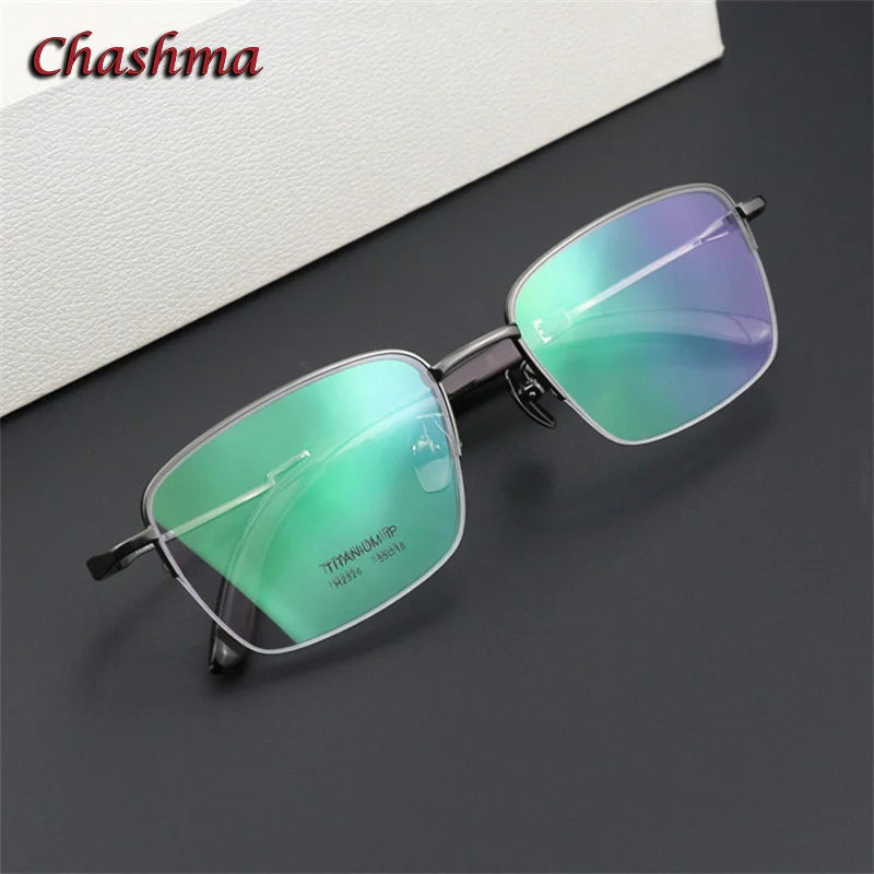 Chashma Ochki Unisex Semi Rim Square Titanium Horn Eyeglasses 312326