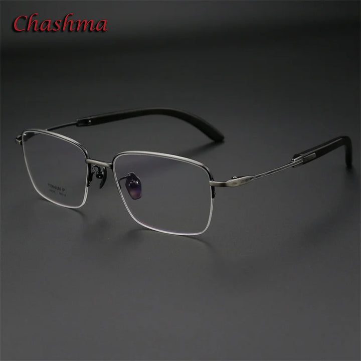 Chashma Ochki Unisex Semi Rim Square Titanium Horn Eyeglasses 312326