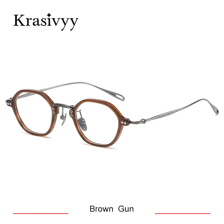 Krasivyy Unisex Full Rim Flat Top Polygon Titanium Acetate Eyeglasses 45957 Full Rim Krasivyy Brown Gun