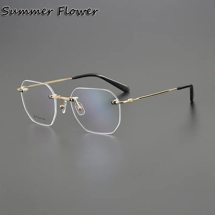Summer Flower Unisex Rimless Flat Top Polygon Titanium Eyeglasses 28431
