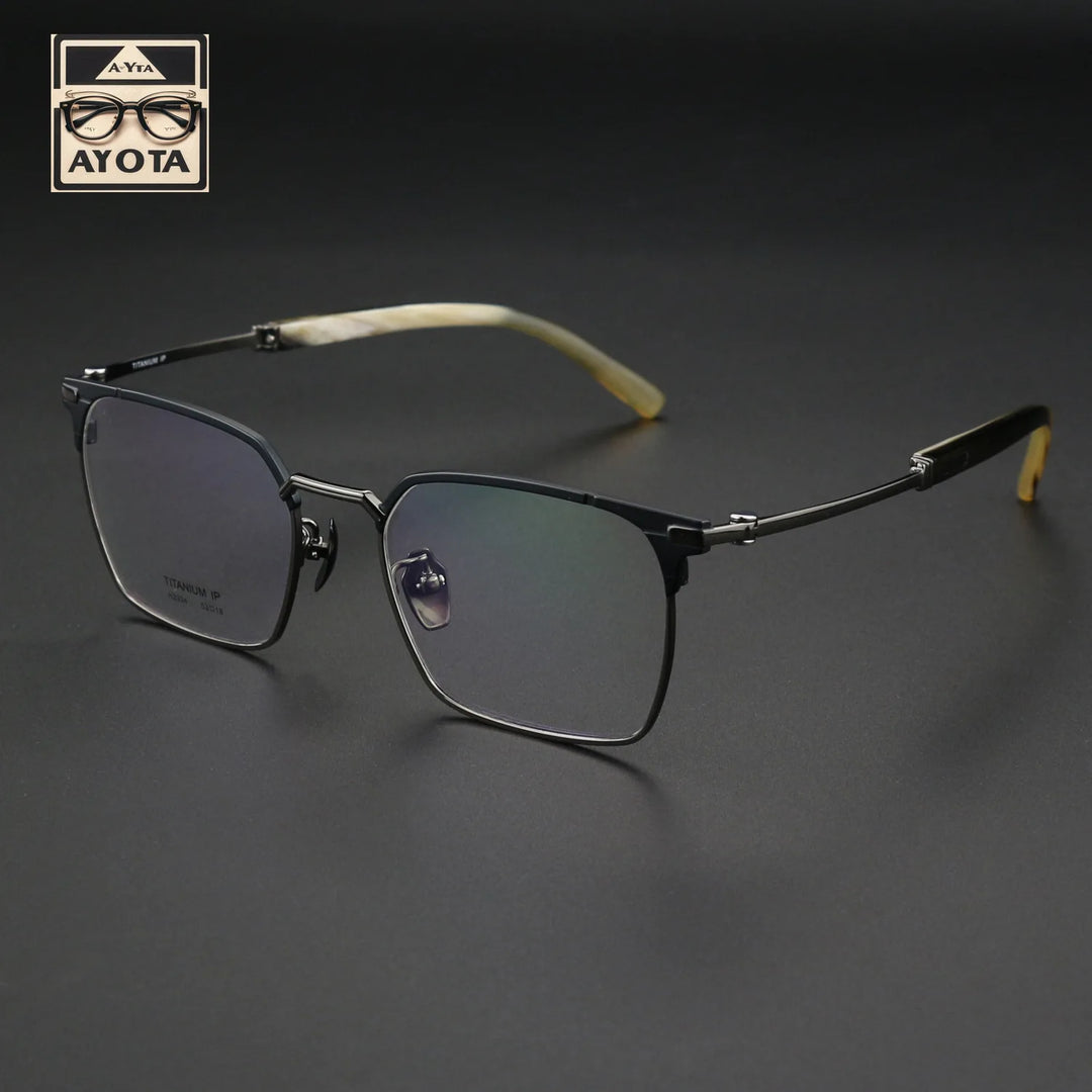Hewei Unisex Full Rim Square Horn Temple Tip Titanium Eyeglasses 41849