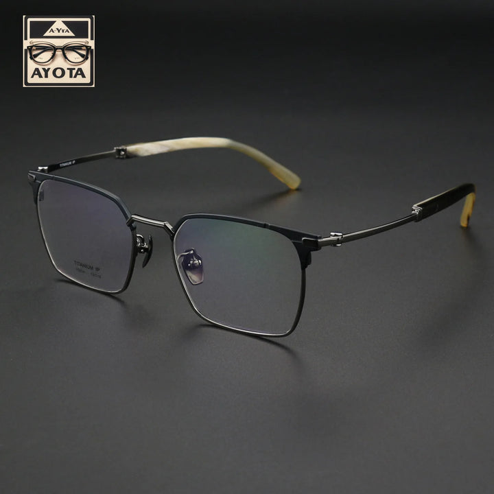 Hewei Unisex Full Rim Square Horn Temple Tip Titanium Eyeglasses 41849