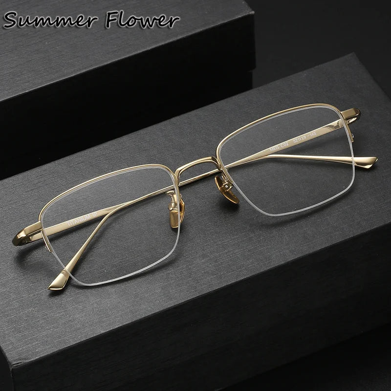 Summer Flower Unisex Semi Rim Polygon Square Titanium Eyeglasses 52145