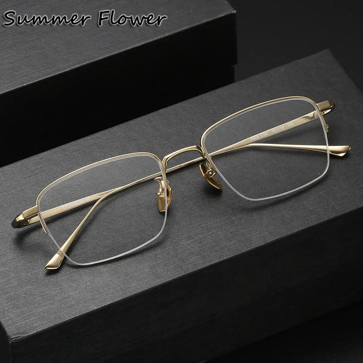 Summer Flower Unisex Semi Rim Polygon Square Titanium Eyeglasses 52145