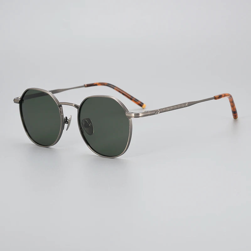 Black Mask Men's Full Rim Titanium Round Polarized Sunglasses 14045 Full Rim Black Mask Gray-Green Lens As Shown