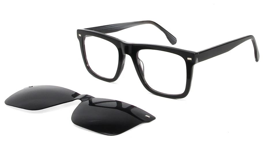 Esnbie Men's Full Rim Square Acetate Eyeglasses Clip On Sunglasses 423291