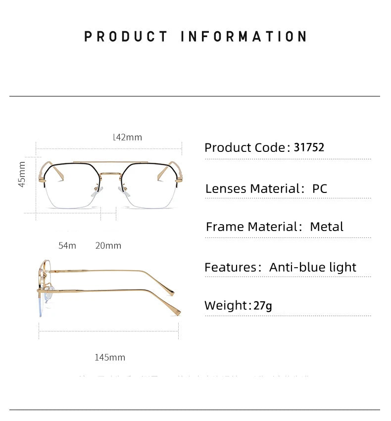 Kocolior Mens Semi Rim Double Bridge Square Alloy Eyeglasses 31752 Semi Rim Kocolior