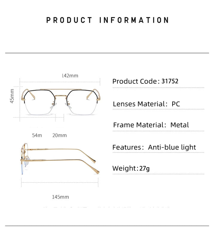 Kocolior Mens Semi Rim Double Bridge Square Alloy Eyeglasses 31752 Semi Rim Kocolior