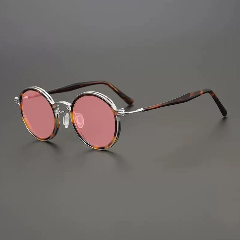 Gatenac Unisex Full Rim Round Polarized Acetate Titanium Sunglasses Mo10 Sunglasses Gatenac Silver Pink