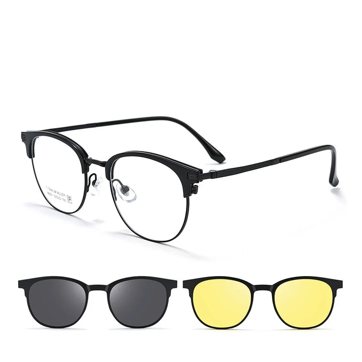 Bclear Unisex Full Rim Round Alloy Eyeglasses Clip On Polarized Sunglasses 9820 With Clip Ons Bclear Black
