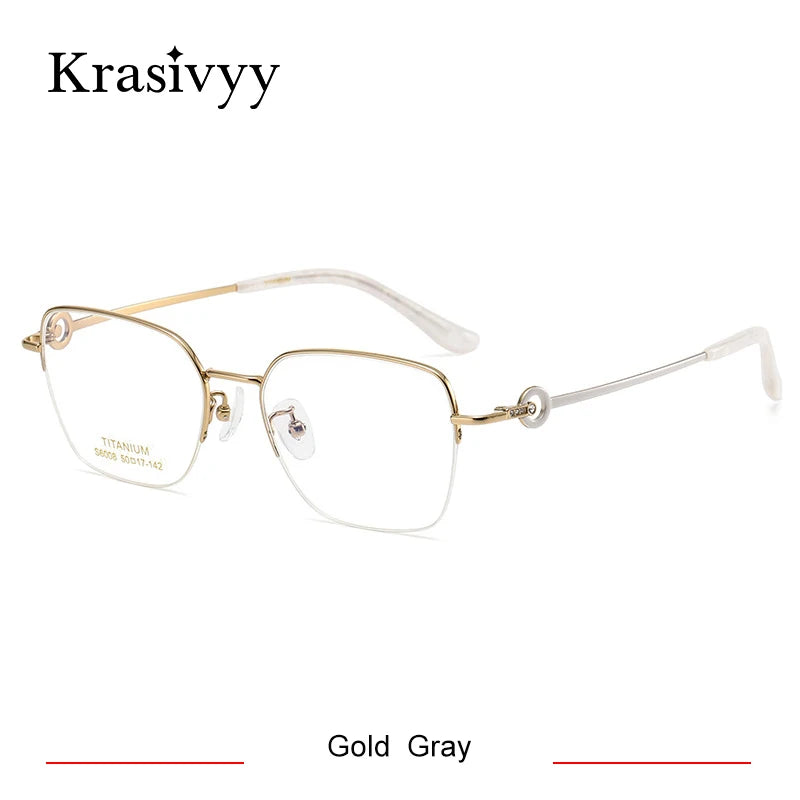 Krasivyy Women's Semi Rim Flat Top Square Titanium Eyeglasses 6008 Semi Rim Krasivyy Gold Gray