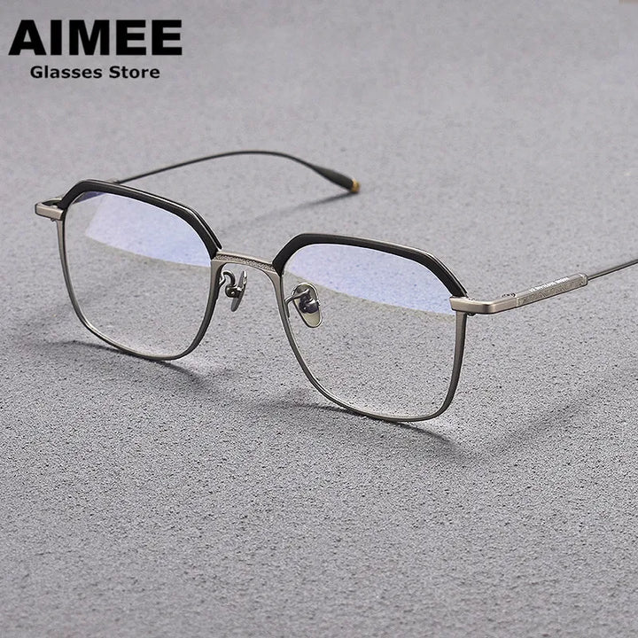 Aimee Unisex Full Rim Flat Top Polygon Titanium Acetate Eyeglasses 1057 Full Rim Aimee Black-Gun