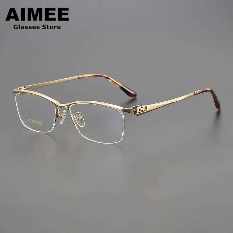 Aimee Unisex Semi Rim Square Brow Line Titanium Eyeglasses 46110 Semi Rim Aimee Golden
