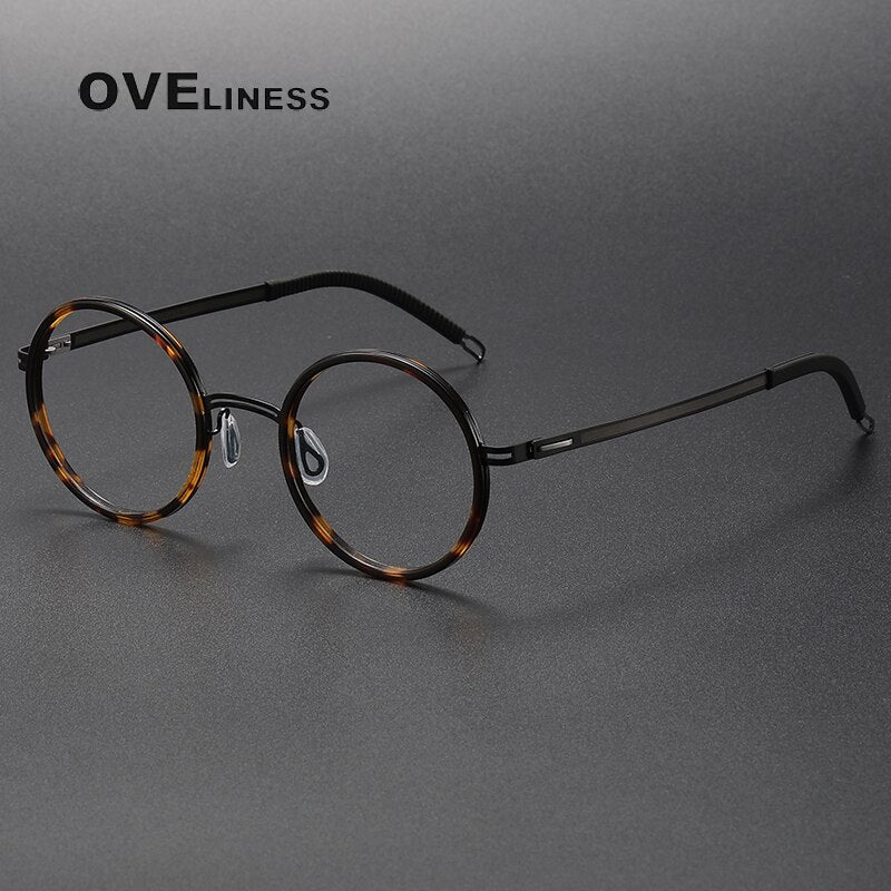 Oveliness Unisex Full Rim Round Screwless Titanium Acetate Eyeglasses 8202321 Full Rim Oveliness tortoise black  