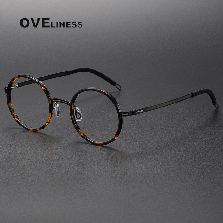 Oveliness Unisex Full Rim Round Screwless Titanium Acetate Eyeglasses 8202321 Full Rim Oveliness tortoise black  