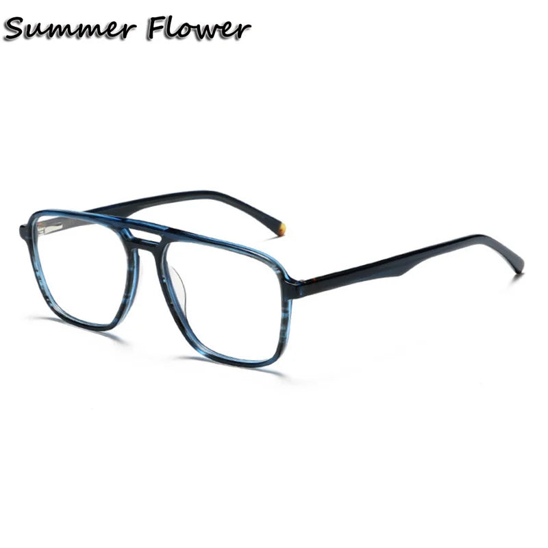 Summer Flower Unisex Full Rim Square Double Bridge Acetate Titanium Eyeglasses 81001 Full Rim Summer Flower Blue Demi