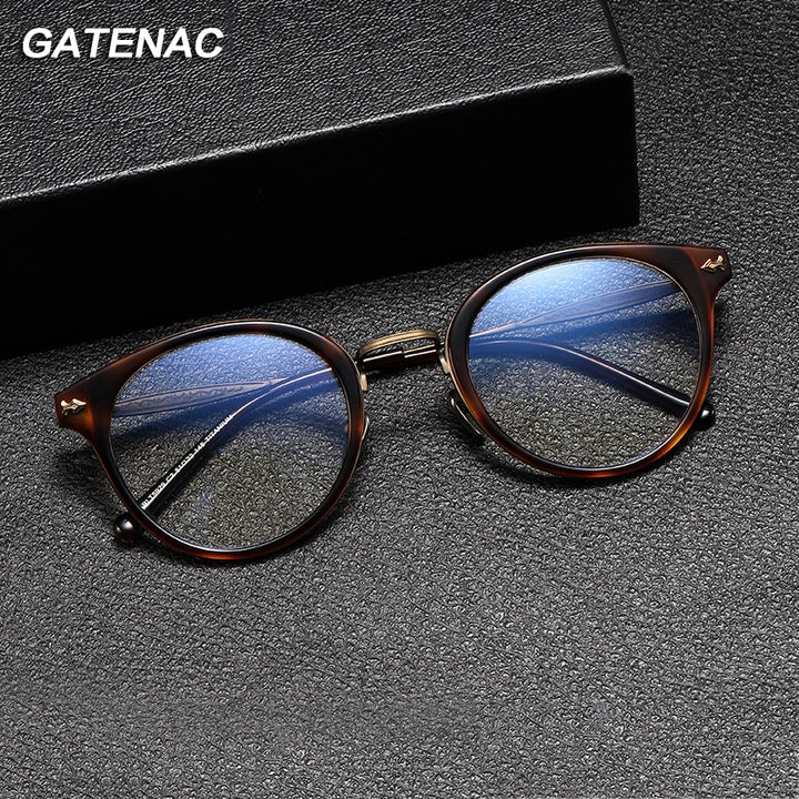 Gatenac Unisex Full Rim Round Acetate Titanium Eyeglasses Gxyj1058 Full Rim Gatenac
