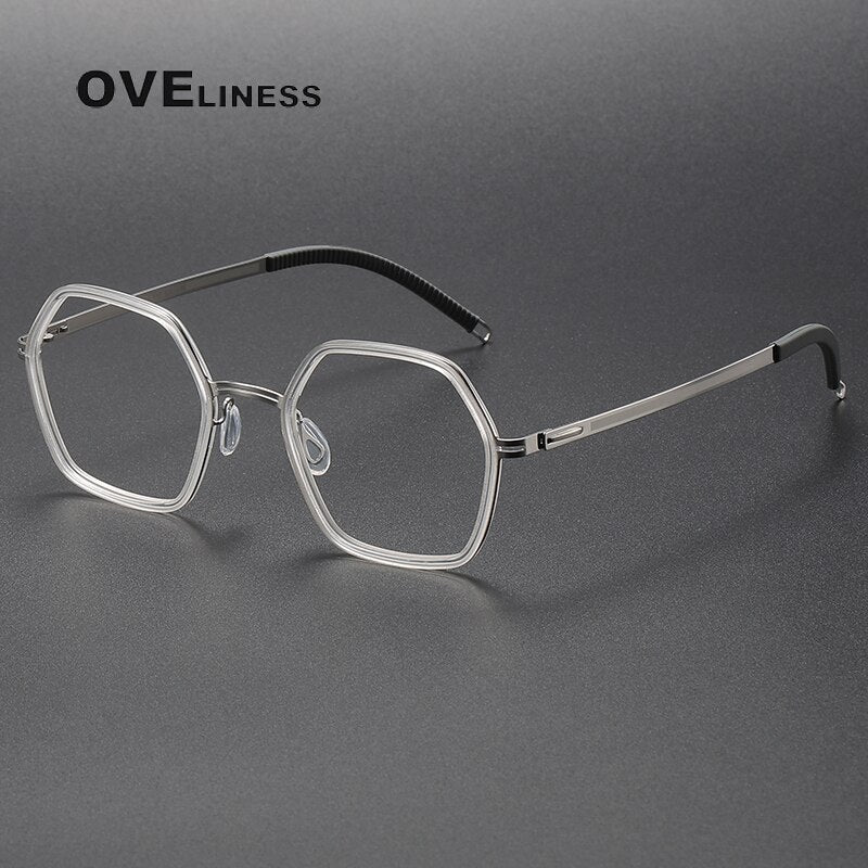 Oveliness Unisex Full Rim Polygon Acetate Titanium Eyeglasses 8202322 Full Rim Oveliness transparent silver