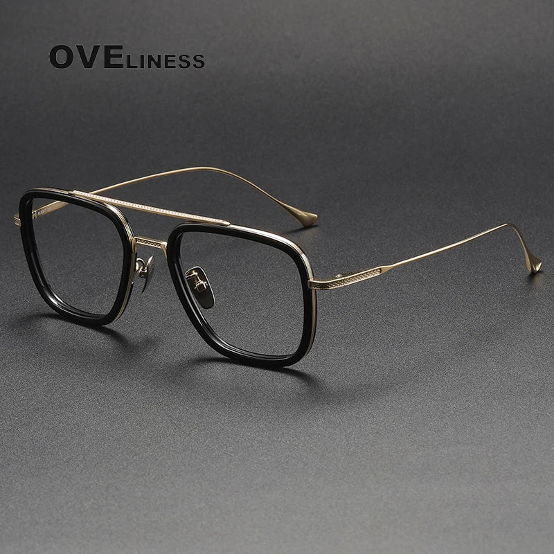 Oveliness Unisex Full Rim Square Double Bridge Acetate Titanium Eyeglasses I0006 Full Rim Oveliness black gold