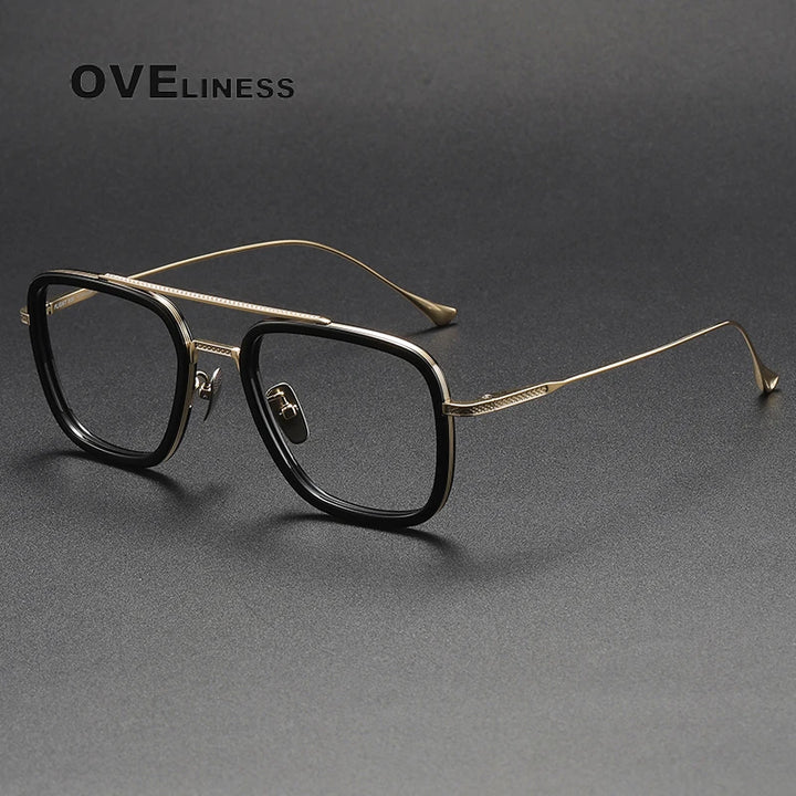 Oveliness Unisex Full Rim Square Double Bridge Acetate Titanium Eyeglasses I0006 Full Rim Oveliness black gold