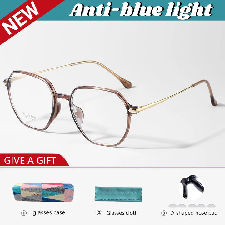 Vicky Women's Full Rim Flat Top Polygon Ultem Steel Reading Glasses 4250 Reading Glasses Vicky -350 D2506-brown gold